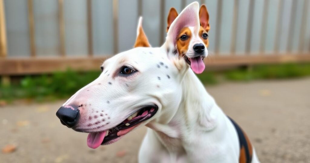 Bull Terrier ยิ้มแย้มในสวน