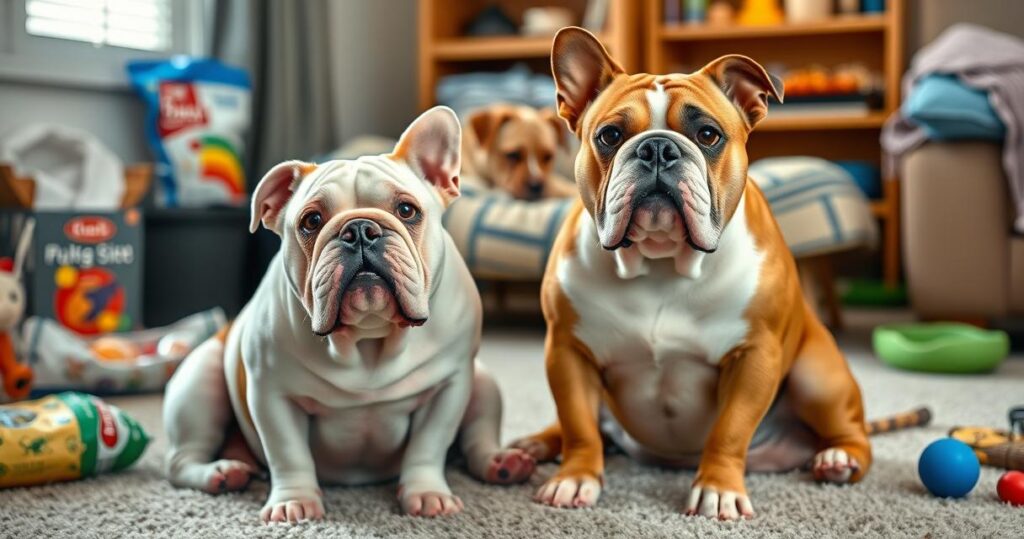 English and American Bulldogs in a cozy living room.