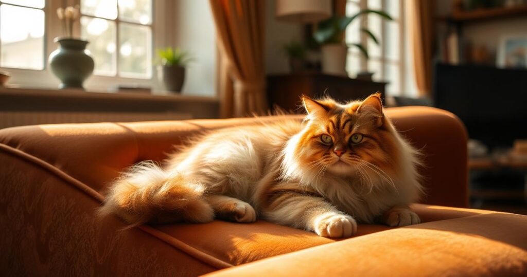 Persian cat resting peacefully in a cozy home environment.