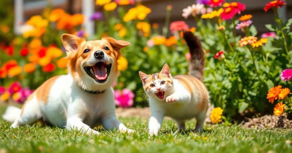 A dog and cat playing in a beautiful garden