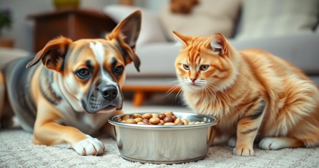 Dog and cat enjoying pet supplements together.