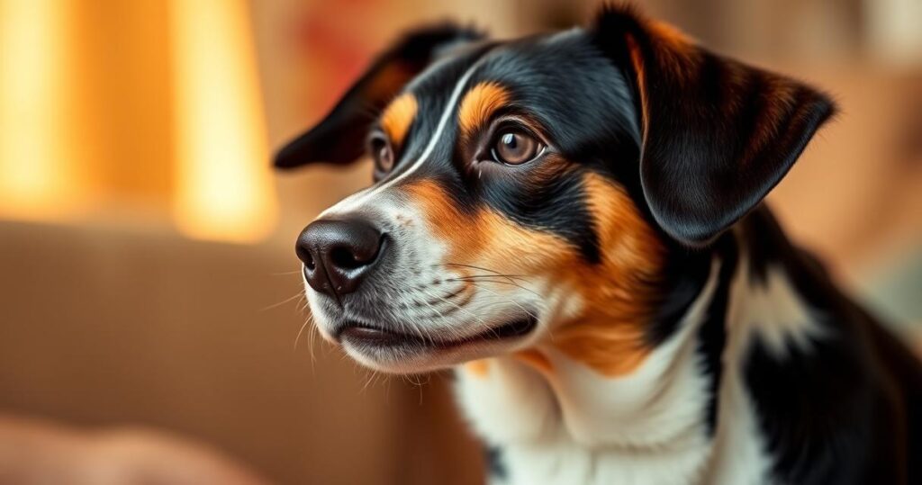A dog gazing at its owner warmly.