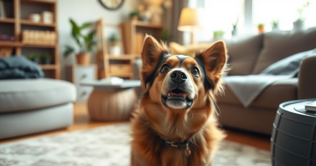 A dog looking fearful during a thunderstorm