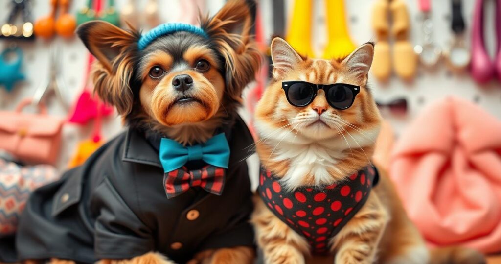 Stylish dog and cat in fashionable outfits