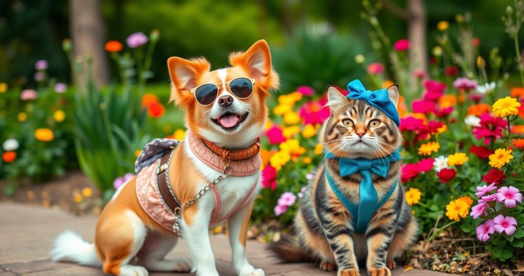 A stylish dog and cat posing together in a park.