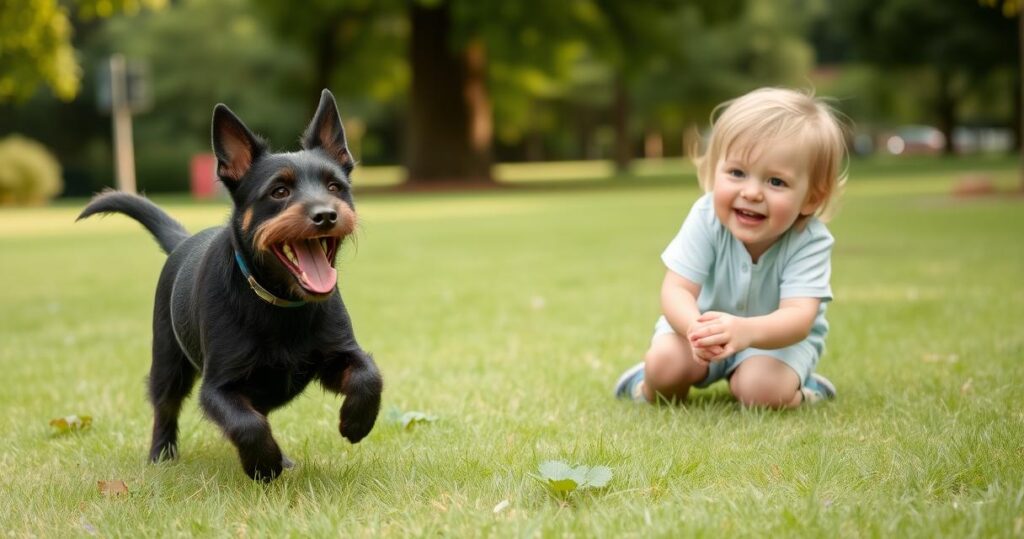A playful Patterdale Terrier in a green park with a child.