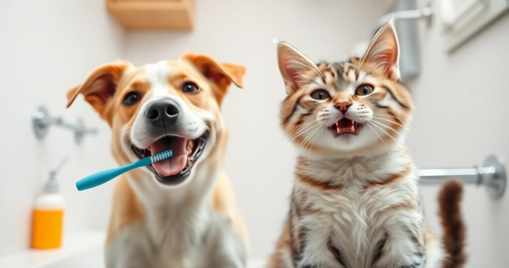 A dog and cat brushing their teeth together.