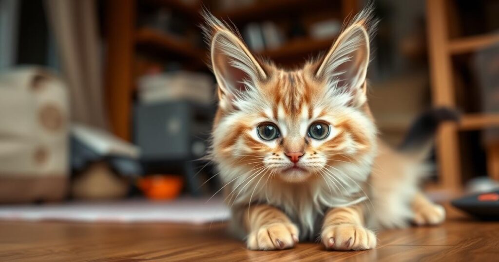 A fluffy cat with a round face and large ears, engaged in play.