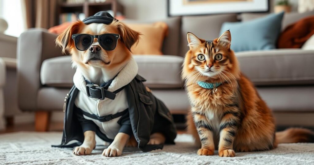 A dog and a cat in fashionable outfits in a cozy living room.