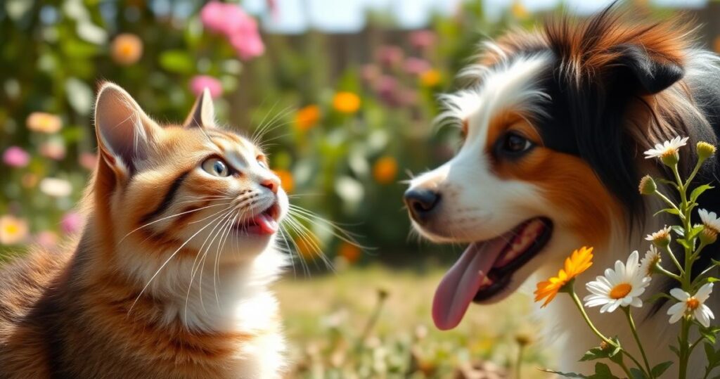 A curious cat licking its lips while looking at a dog.