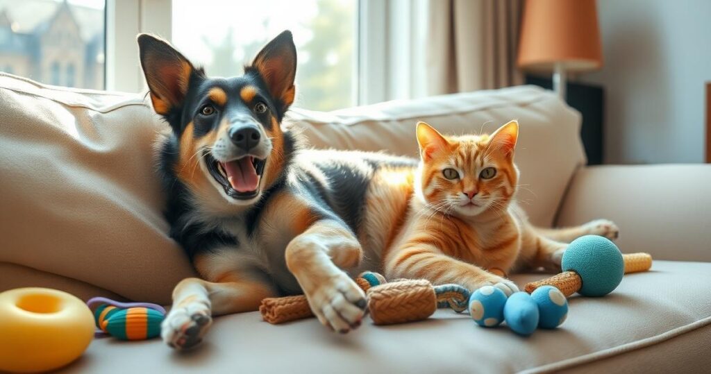 Dog and cat relaxing on a sofa together