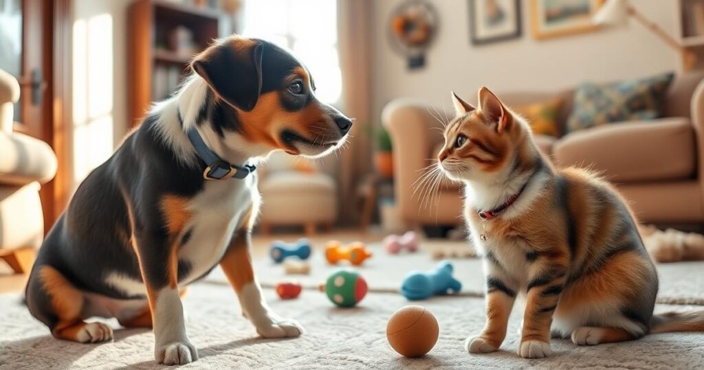 Dog and cat playing together in a cozy home environment