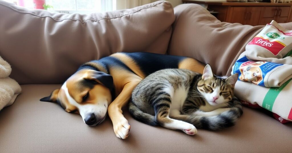 A dog and a cat cuddling on a couch.