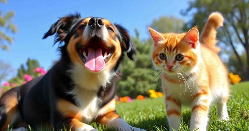 A playful dog and cat enjoying a sunny day in the park