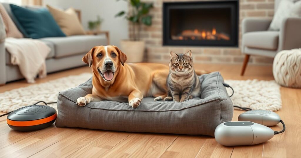 Dog and cat enjoying their time together on a heated bed.