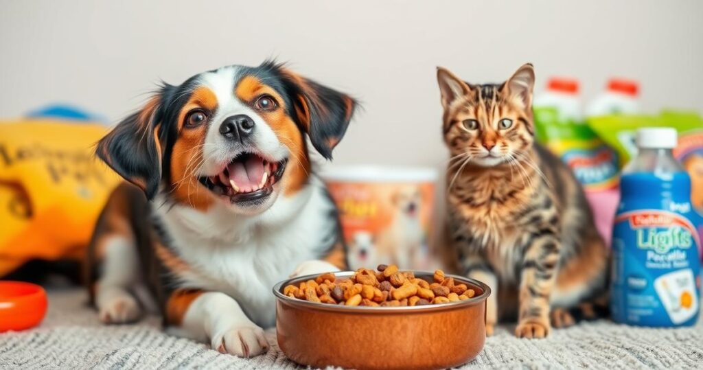Dog and Cat with Pet Food Bowl