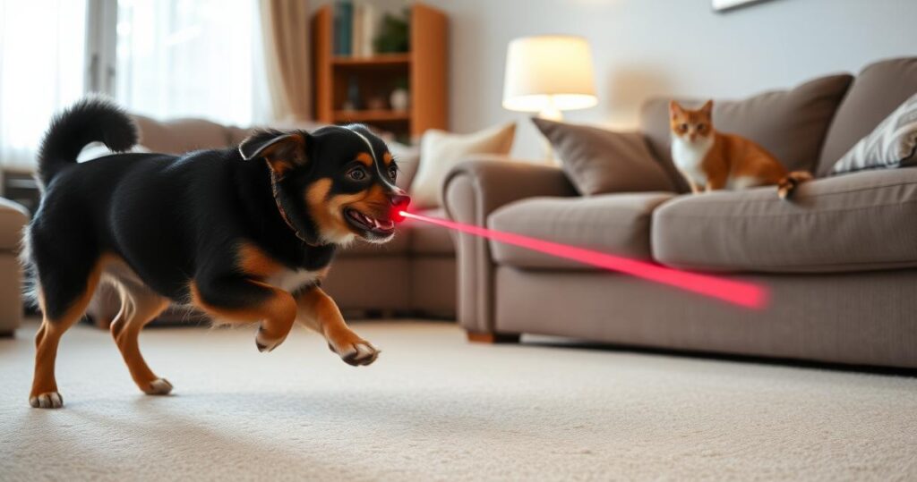 Dog playing with a laser pointer next to a cat on a couch in a living room