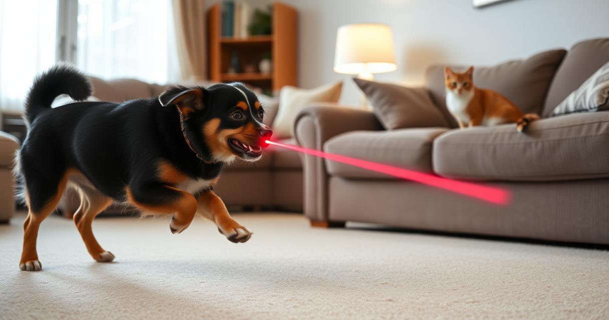 Dog playing with a laser pointer next to a cat on a couch in a living room