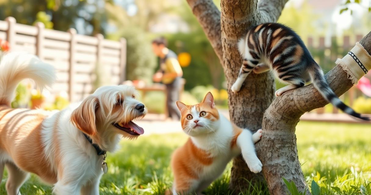 A playful interaction between a dog and a cat in the garden.